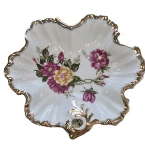 Vtg Porcelain Candy Trinket Dish Gold Scalloped Edge Red Magenta Yellow Roses